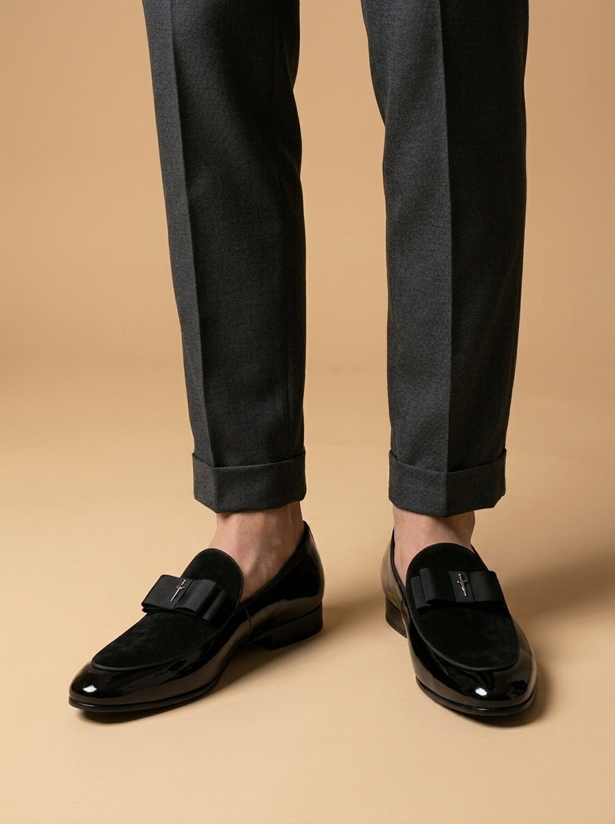 Men's Dress Loafers – Slip-On Round Toe with Suede Panel and Bow Detail