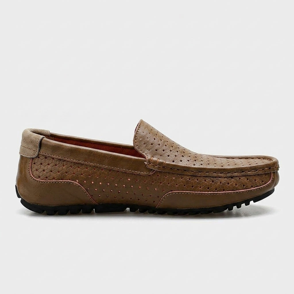 Men’s Leather Slip-On Loafers with Woven Upper and Rounded Toe