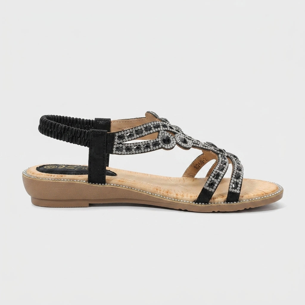 Women's Sandals T-Strap Beaded Elastic Slingback Low Wedge