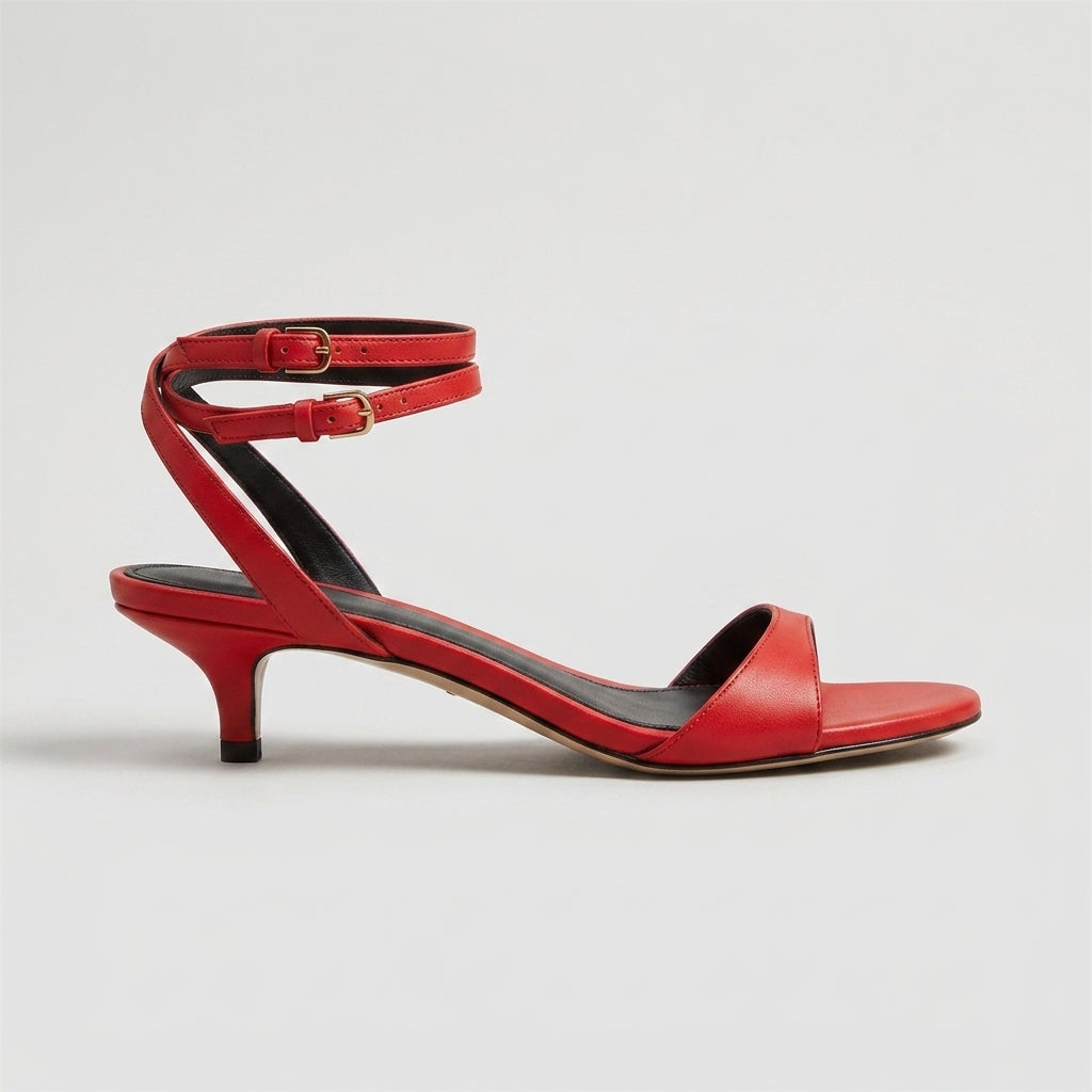Women's Kitten Heels - Open Toe Sandals - Single Band - Ankle Strap Buckle