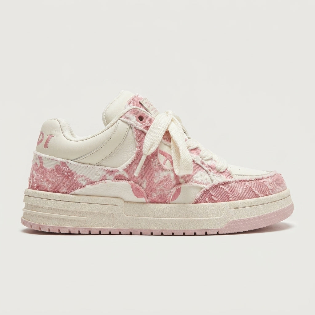 Women's Low-Top Sneakers with Distressed Textile Panels