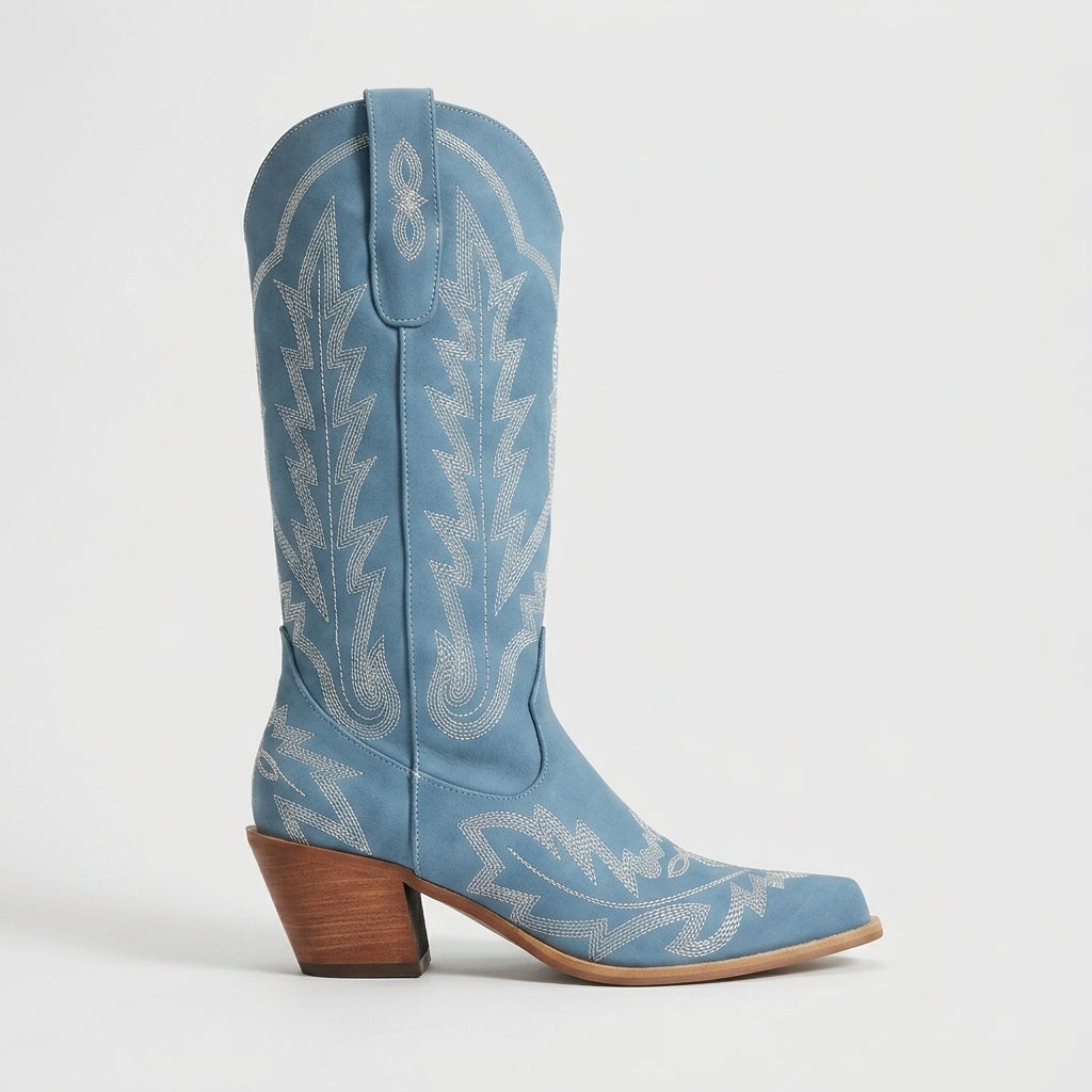 Women's Knee-High Boots Embroidery Western Pointed Toe Stacked Heel