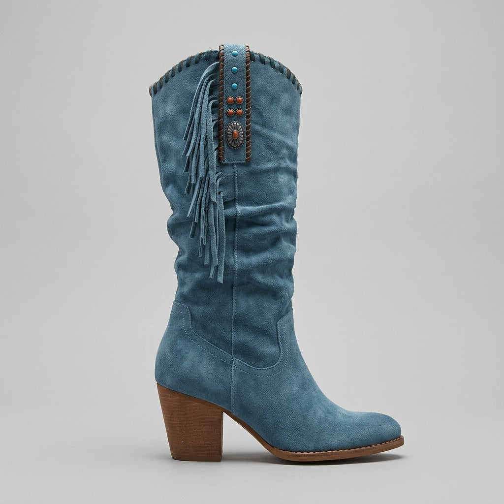 Women's Knee High Boots - Fringe Detail - Block Heel - Suede