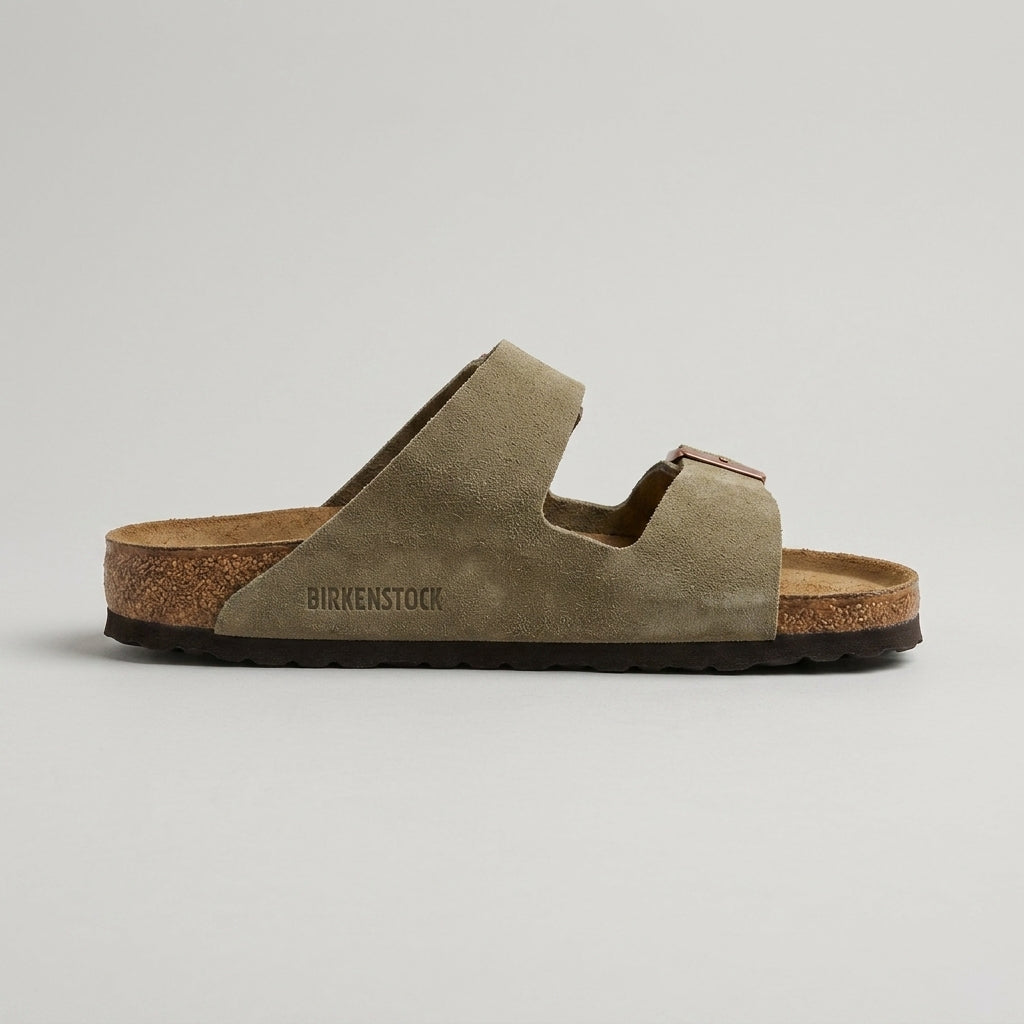 Women's Suede Sandals Cork Footbed - Two Strap Buckle Closure Flat Sole