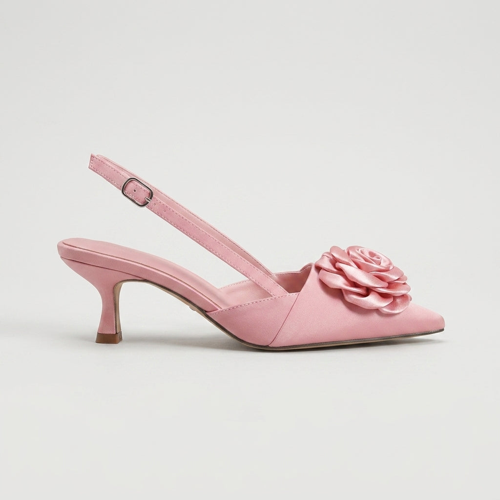 Women's Kitten Heels - Pointed Toe Slingback Pumps - Rosette Vamp Detail