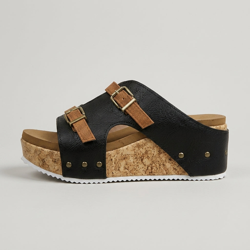 Women's Platform Sandals Cork Wedge Buckle Straps Open-Toe
