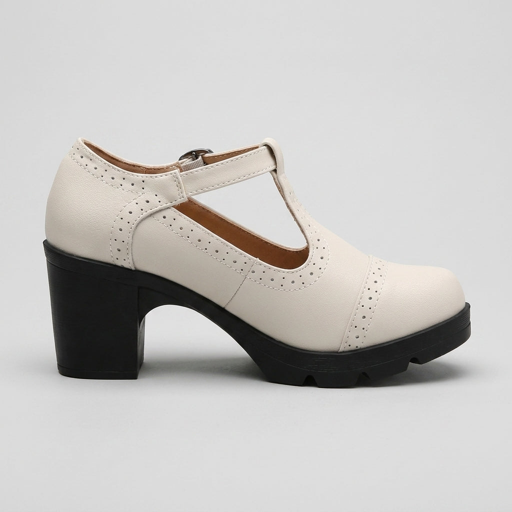 Women's Mary Jane Heels T-Strap Brogue Block Heel Buckle Closure
