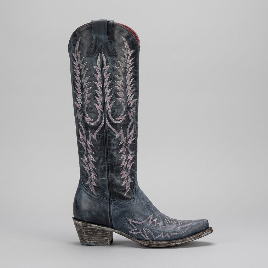 Women's Boots Over-the-Knee Embroidered Lace-Up Back Western