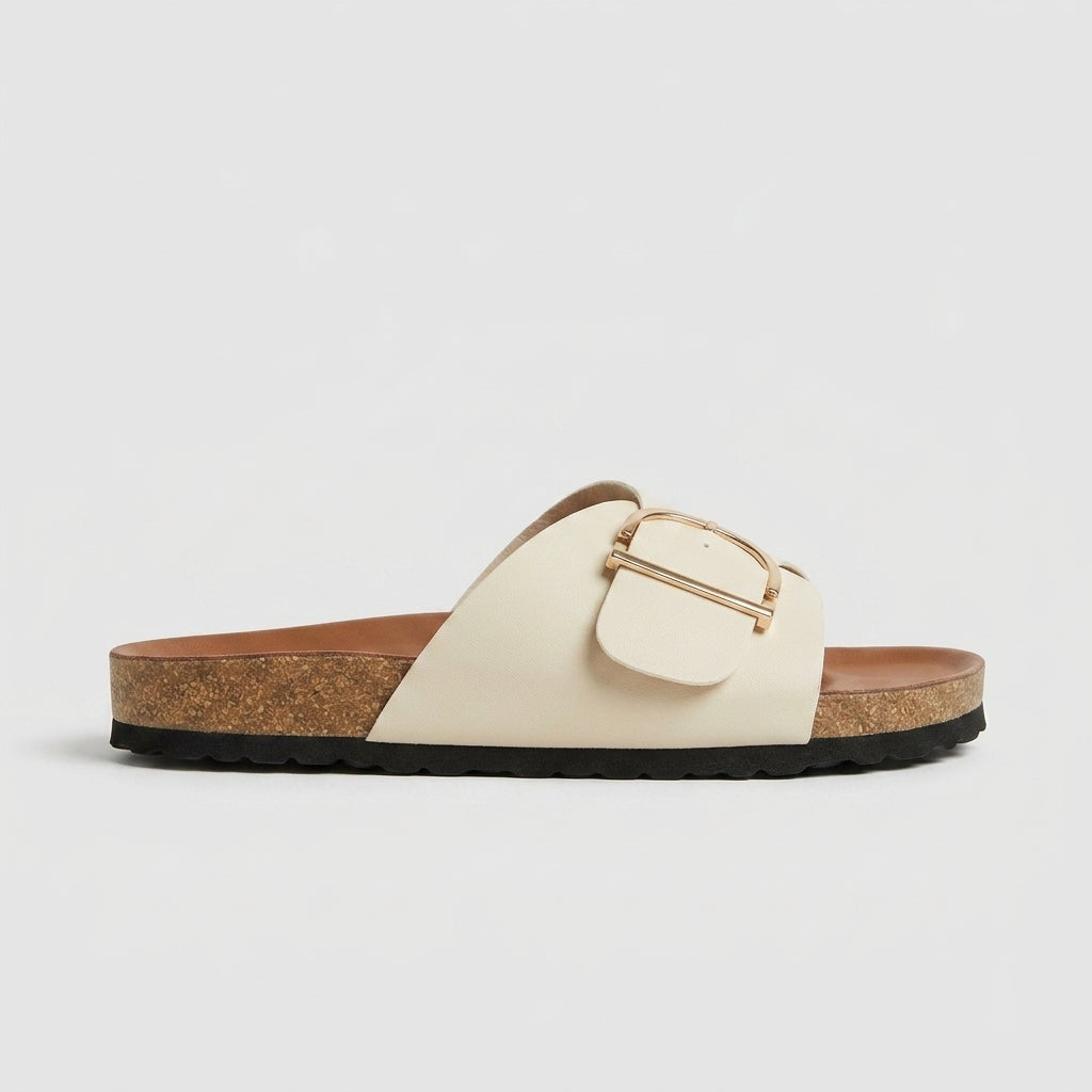 Women's Open Toe Slide Sandals with Oversized Buckle and Cork Footbed