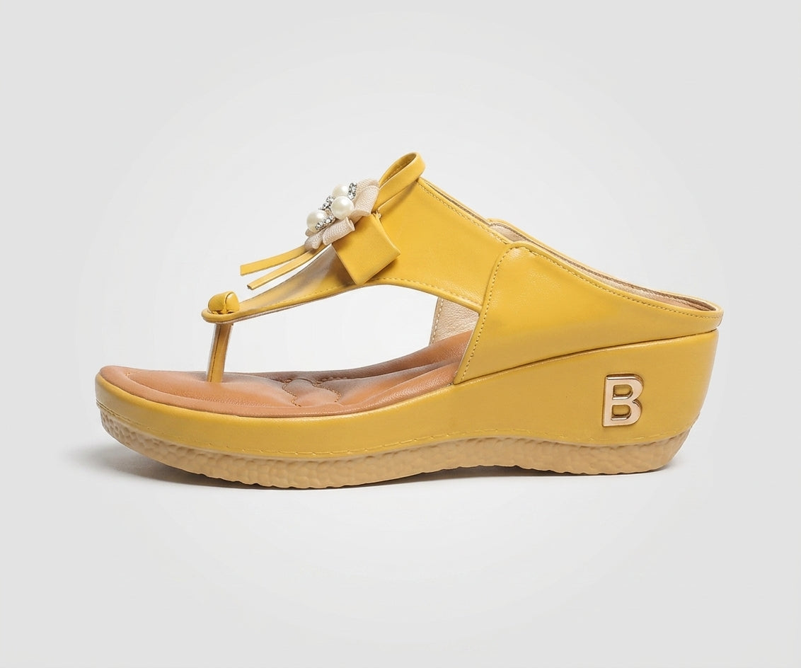 Women's Wedge Thong Sandals with Bow and Pearl Embellishment