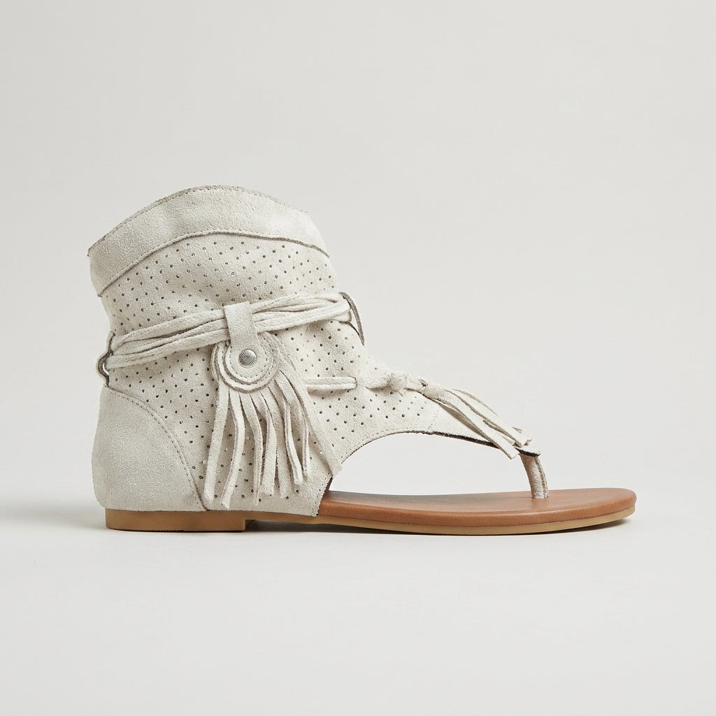 Women's Cowboy Flat Sandals T-Strap Ankle Wrap Fringe Perforated