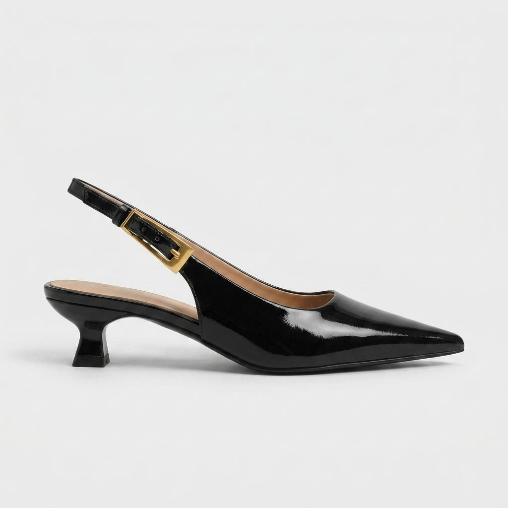 Women's Kitten Heels - Pointed Toe Slingback Pumps - Gold-Tone Buckle Strap