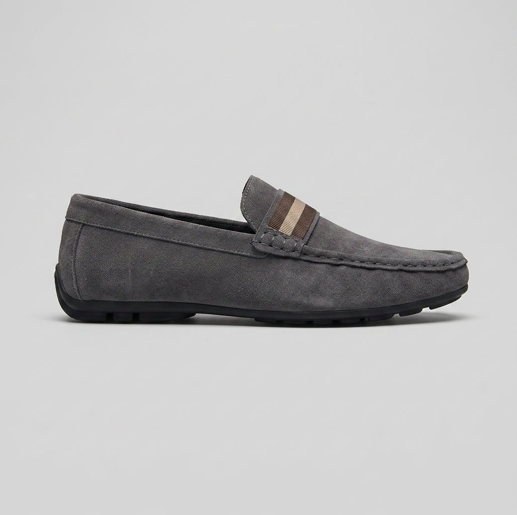 Men's Suede Slip-On Loafers with Moc Toe and Woven Strap Detail