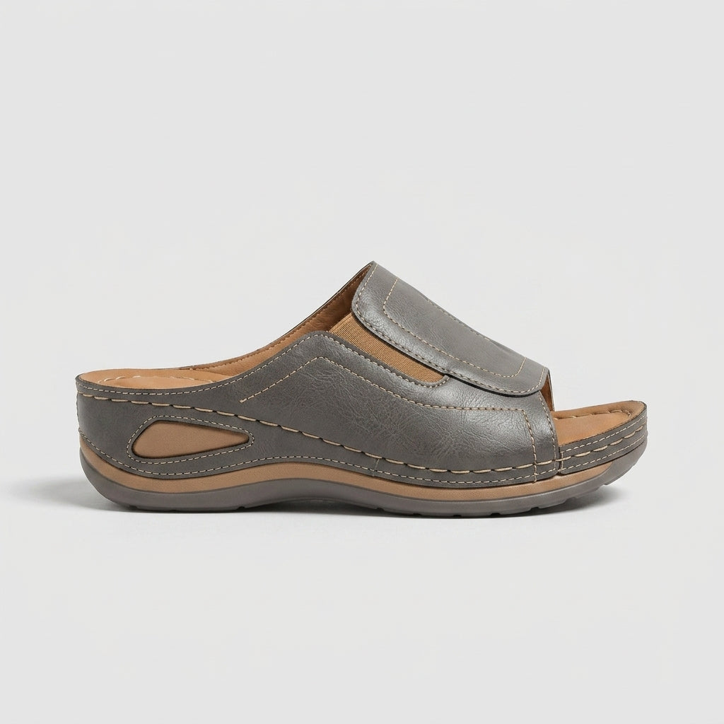 Women's Wedge Sandals - Open Toe Slide with Topstitch Detail and Cutouts