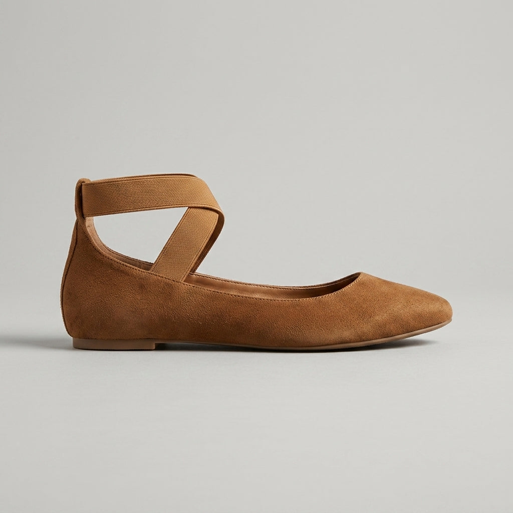 Women’s Rounded Toe Flats with Elastic Cross Strap - Closed Heel