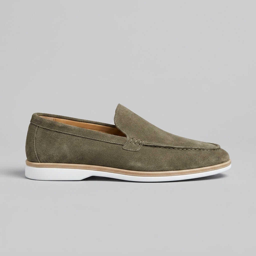 Men's Suede Slip-On Loafers with Apron Toe and Contrast Sole