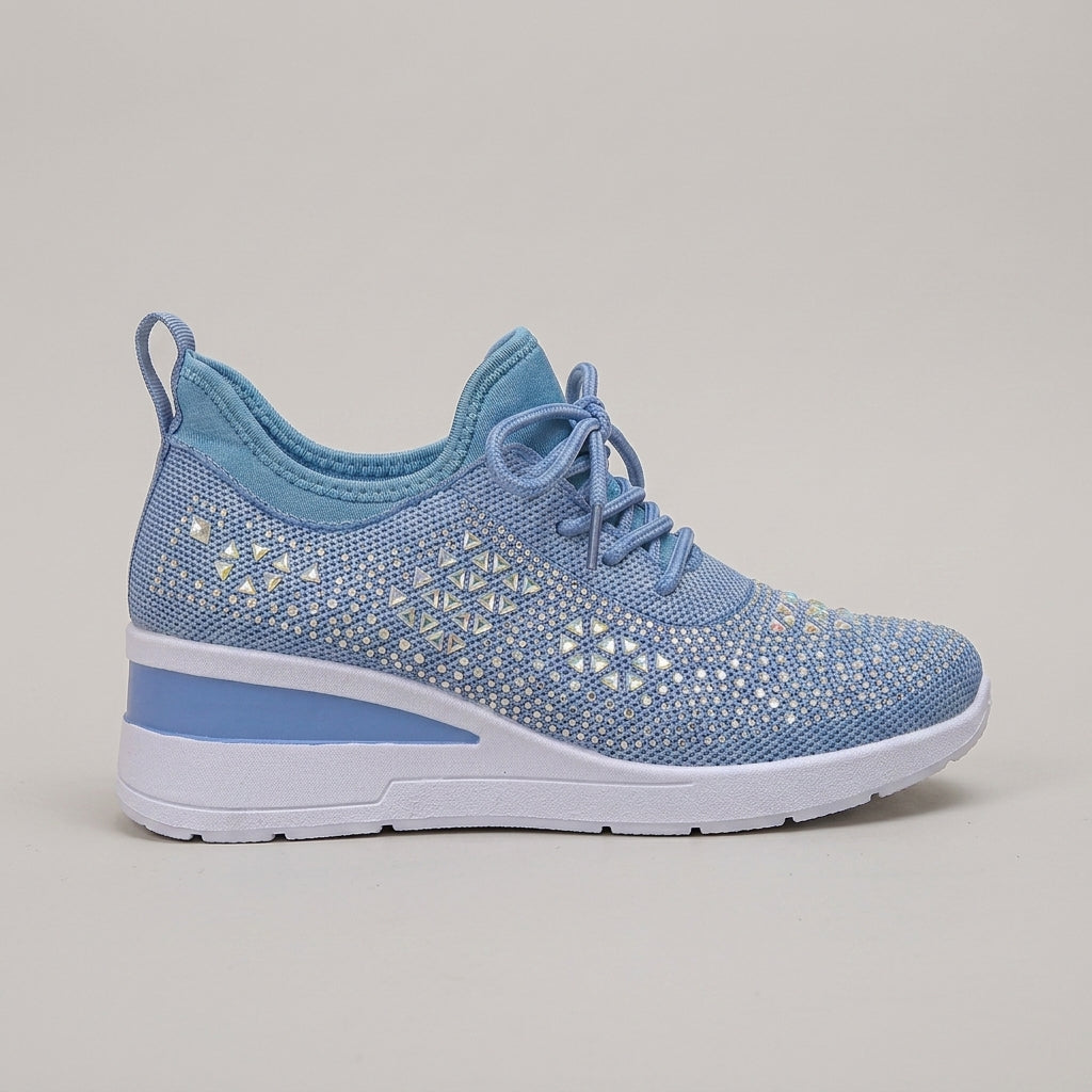 Women's Knit Lace-Up Sneakers - Rhinestone Detail With Wedge Sole