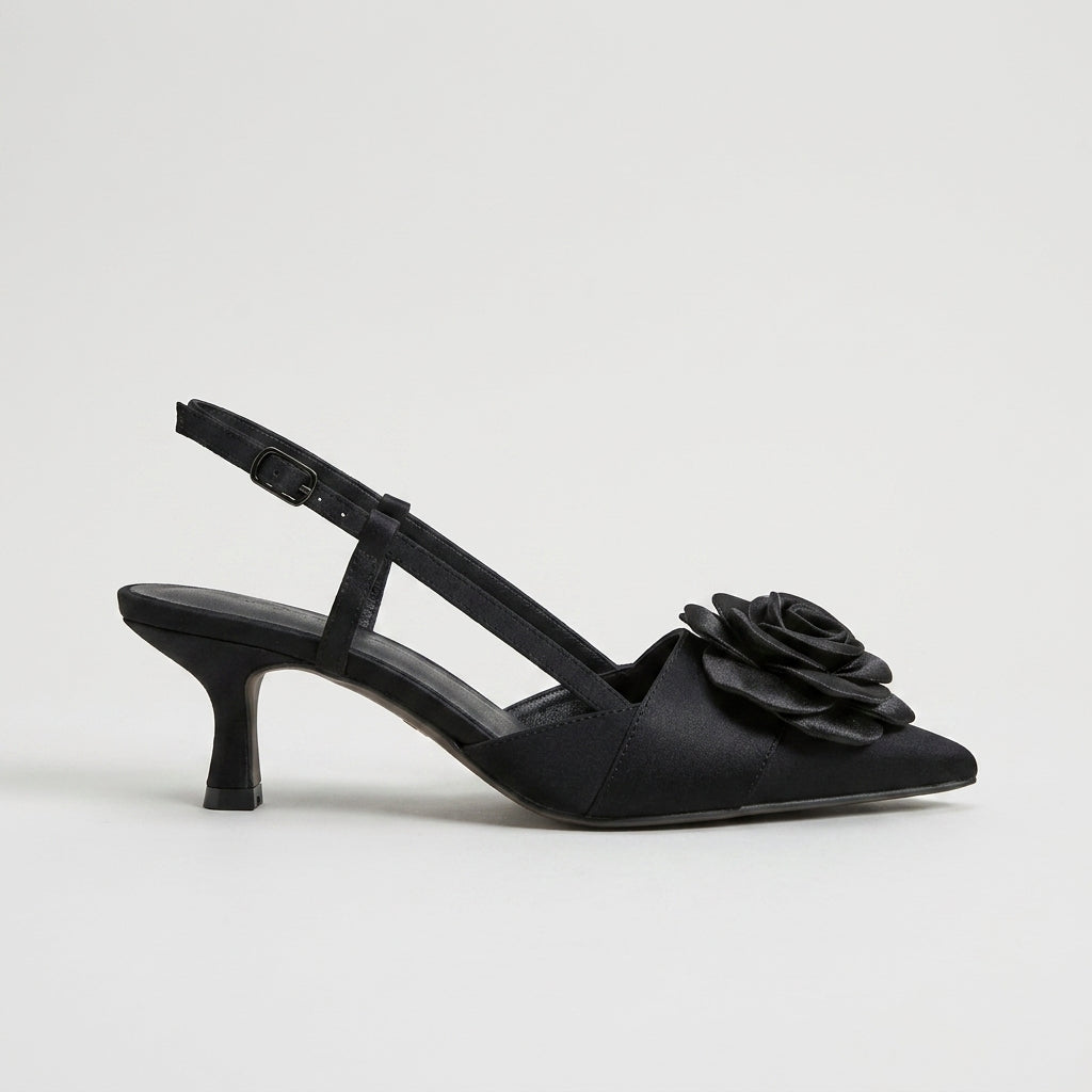 Women's Pointed Cap Toe Stiletto Heel Pumps with 3D Rose Detail