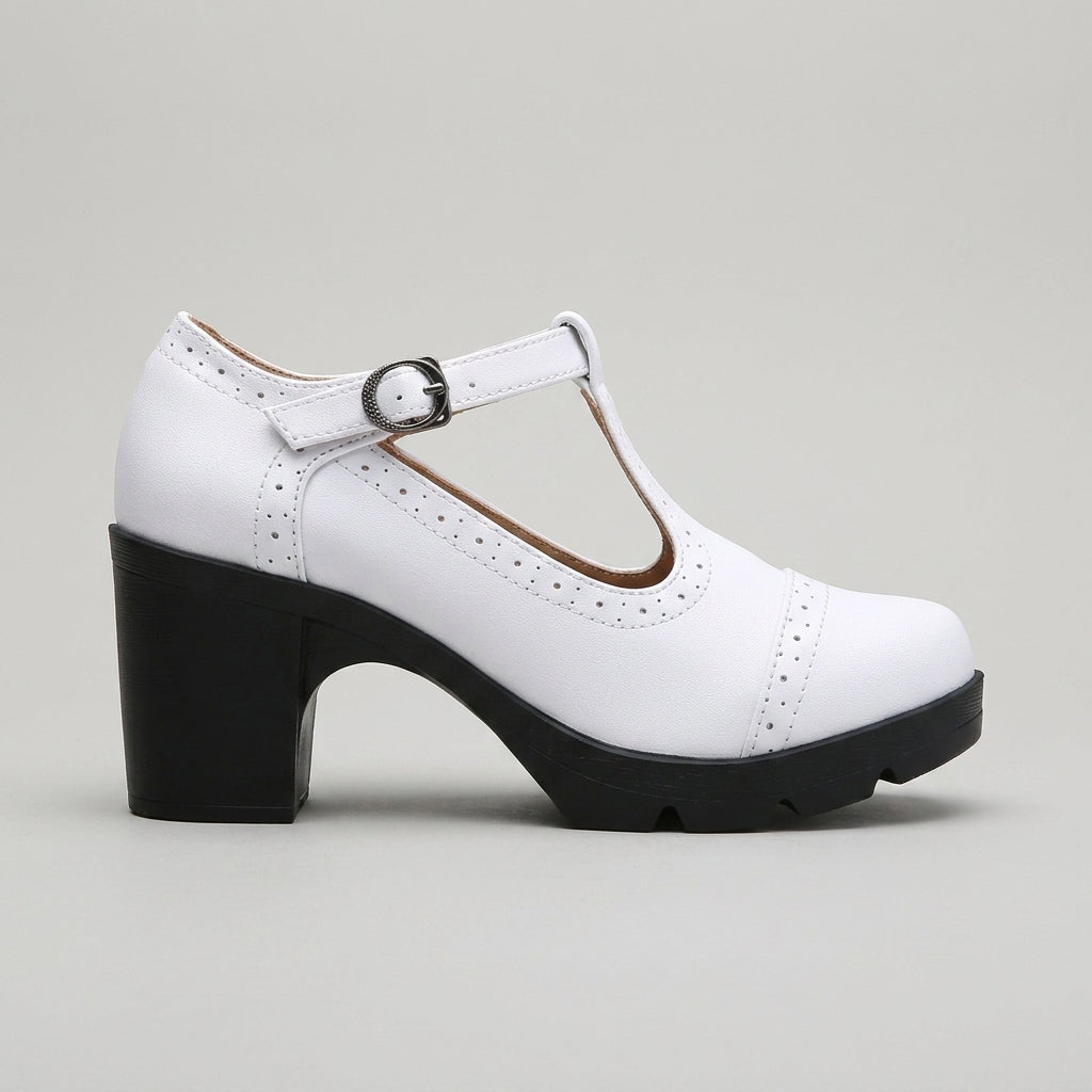 Women's Mary Jane Heels T-Strap Brogue Block Heel Buckle Closure