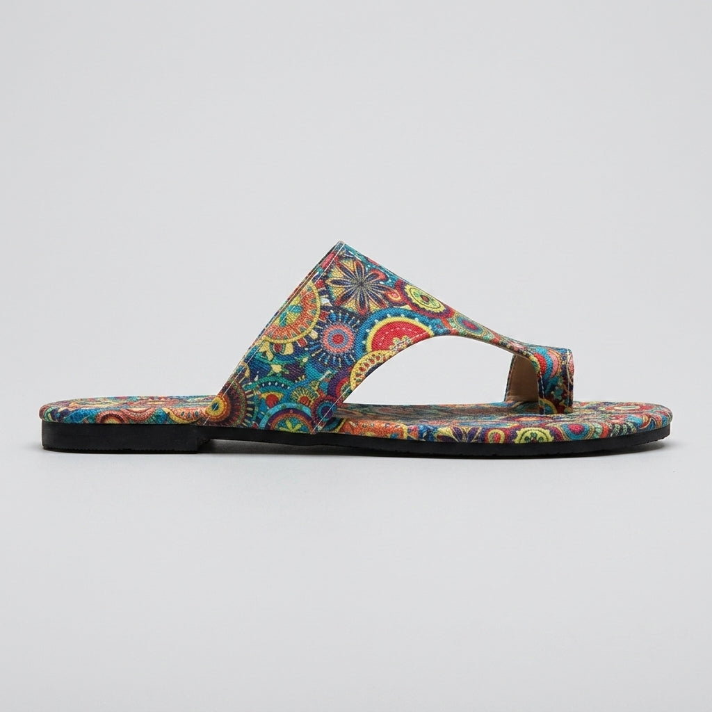 Women's Flat Sandals Split-Toe Paisley Print Hook-Loop Closure