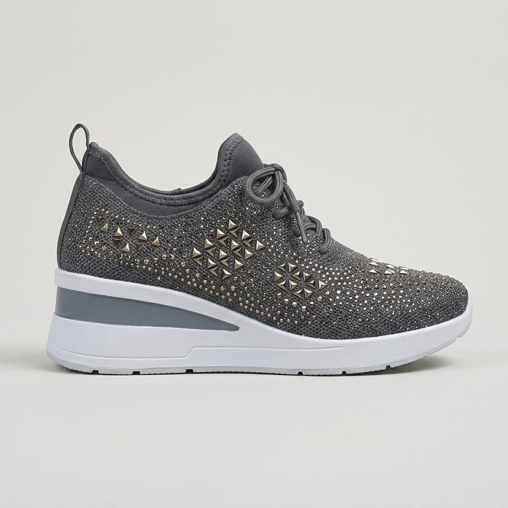 Women's Knit Lace-Up Sneakers - Rhinestone Detail With Wedge Sole