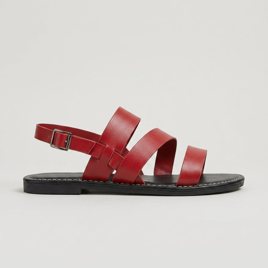 Women's Multi-Strappy Flat Sandals - Open Toe - Ankle Buckle - Contrast Stitch