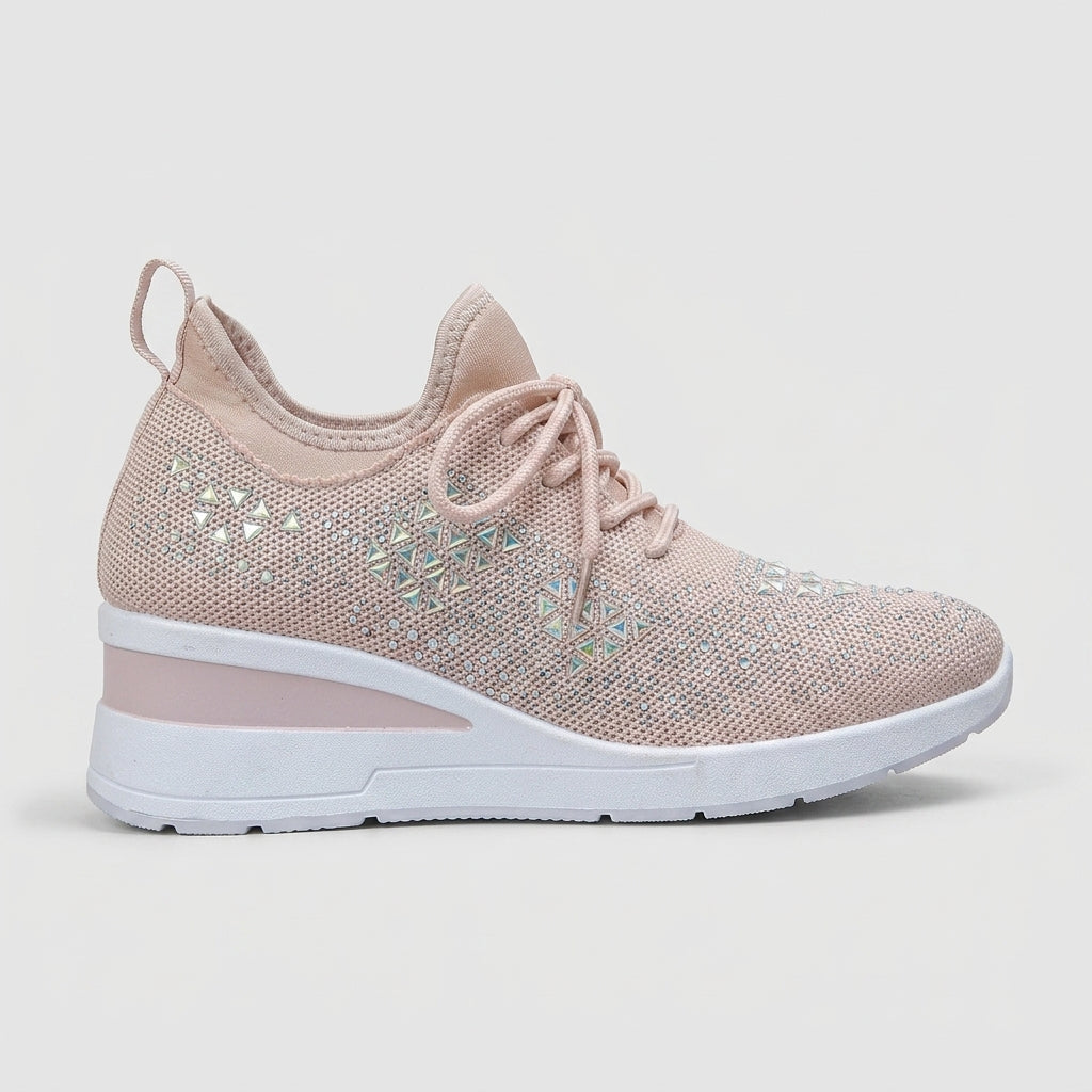 Women's Knit Lace-Up Sneakers - Rhinestone Detail With Wedge Sole
