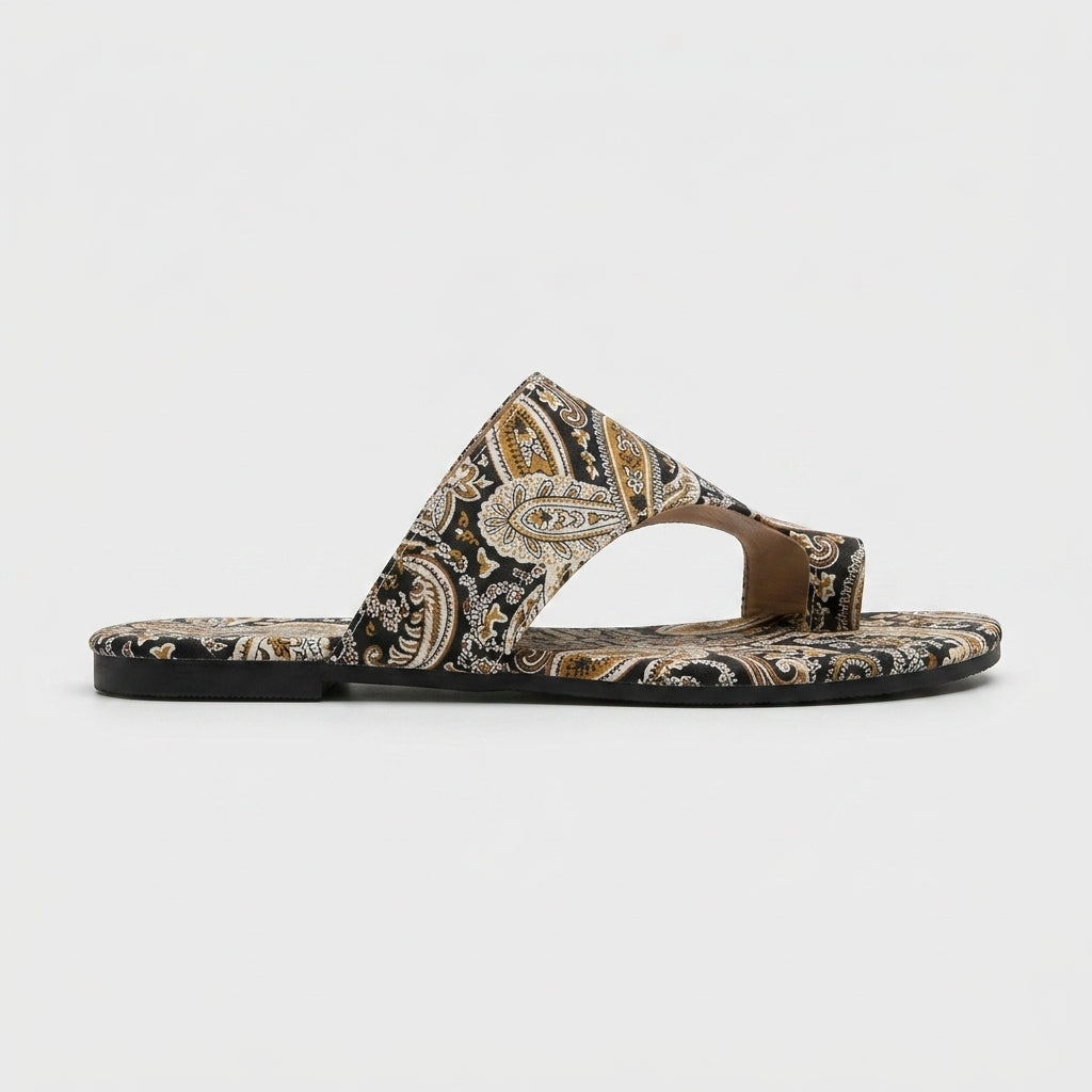 Women's Flat Sandals Split-Toe Paisley Print Hook-Loop Closure