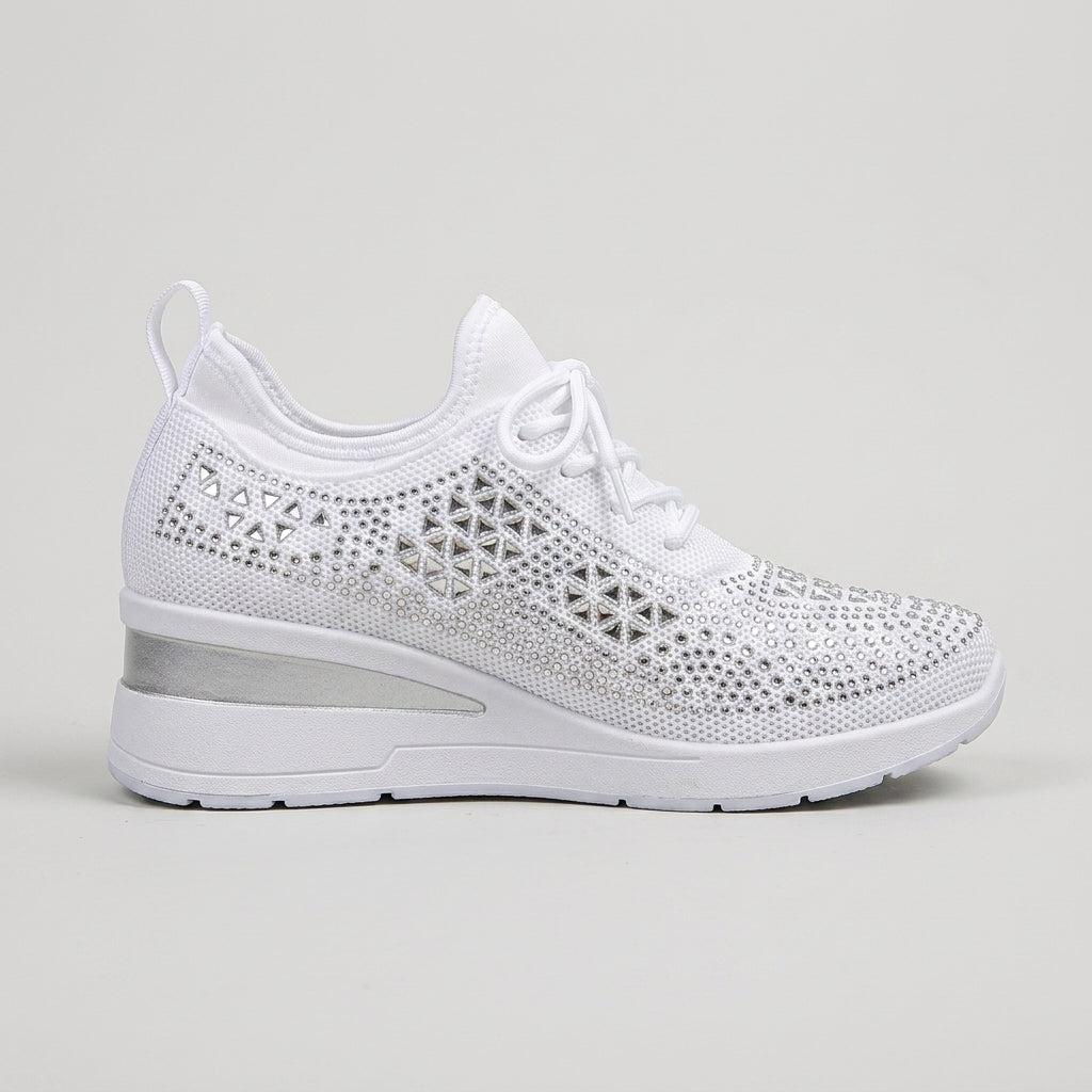 Women's Knit Lace-Up Sneakers - Rhinestone Detail With Wedge Sole