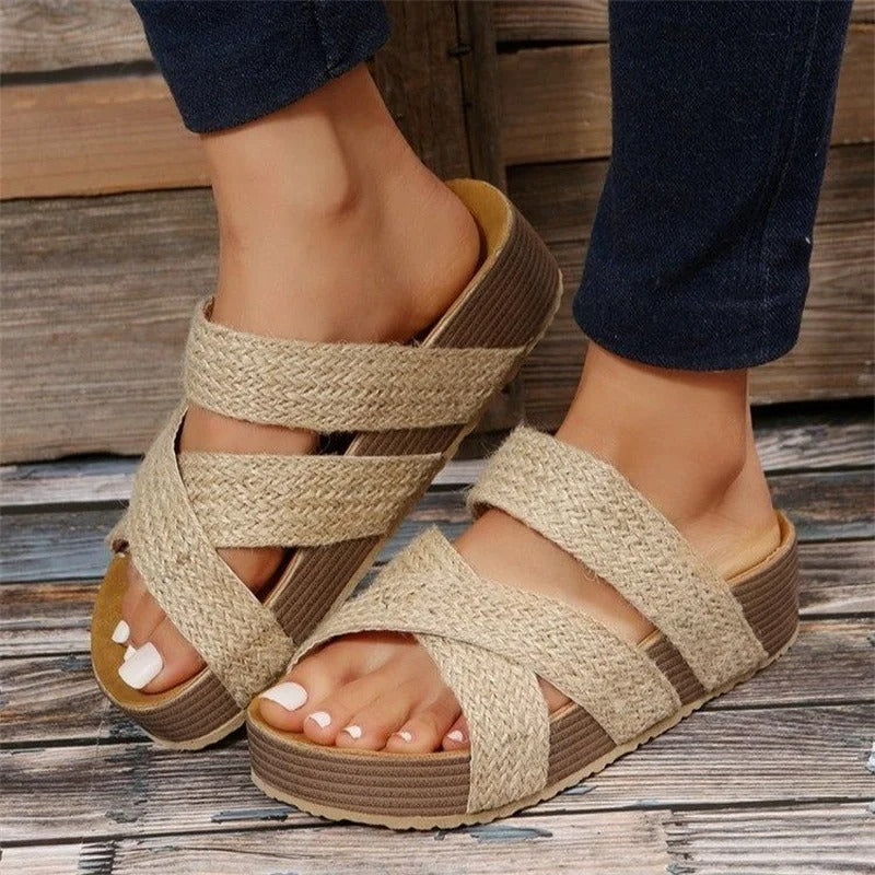 Women’s Open Toe Platform Sandals with Braided Strap and Cross Band Design