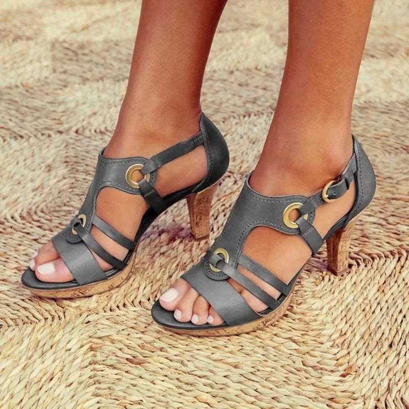 Women’s Open-Toe Heeled Sandals with Cut-Out Straps and Block Heel