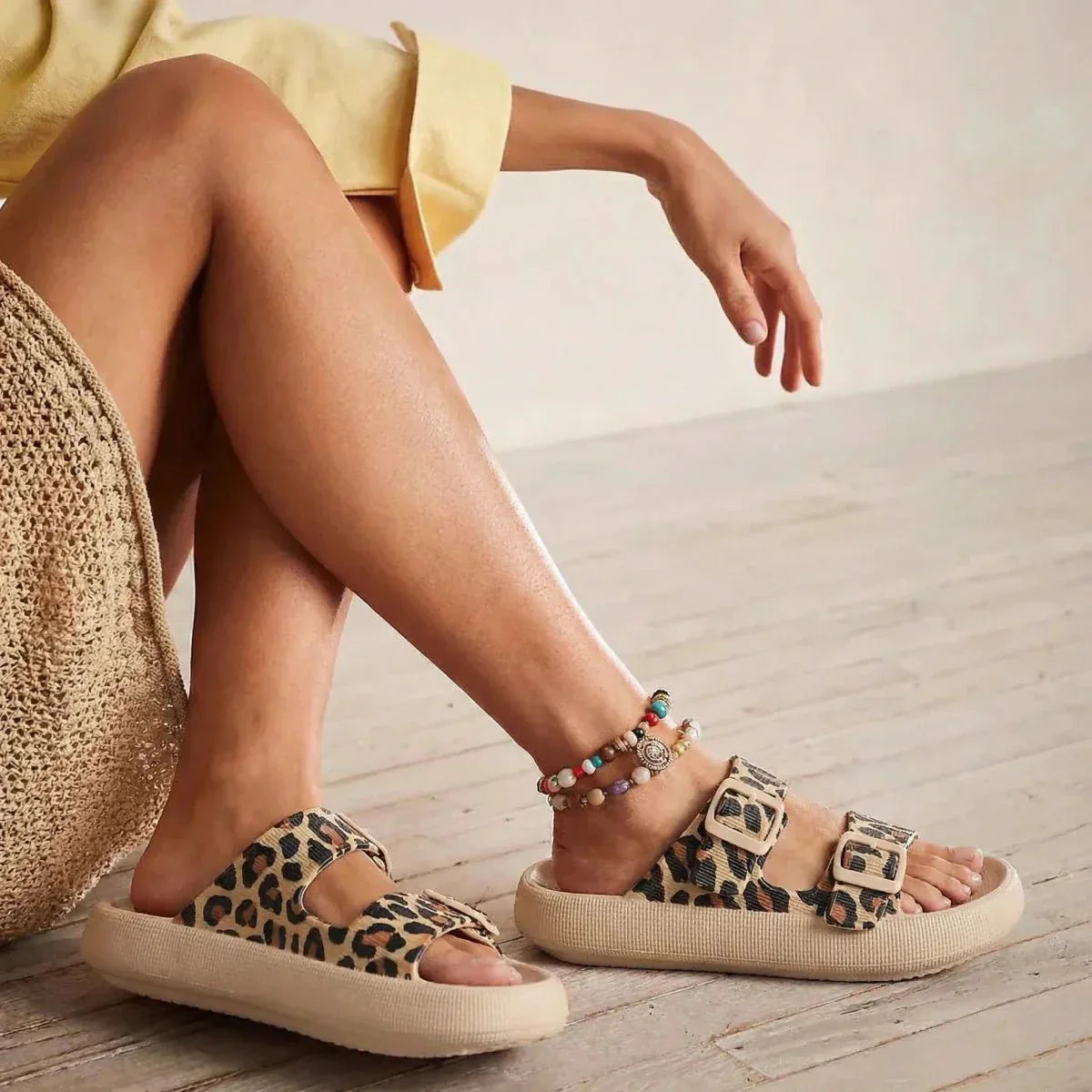 Women's Slide Sandals - Open Toe - Dual Buckle - Platform Sole