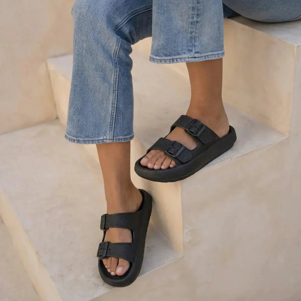 Women's Slide Sandals - Open Toe - Dual Buckle - Platform Sole
