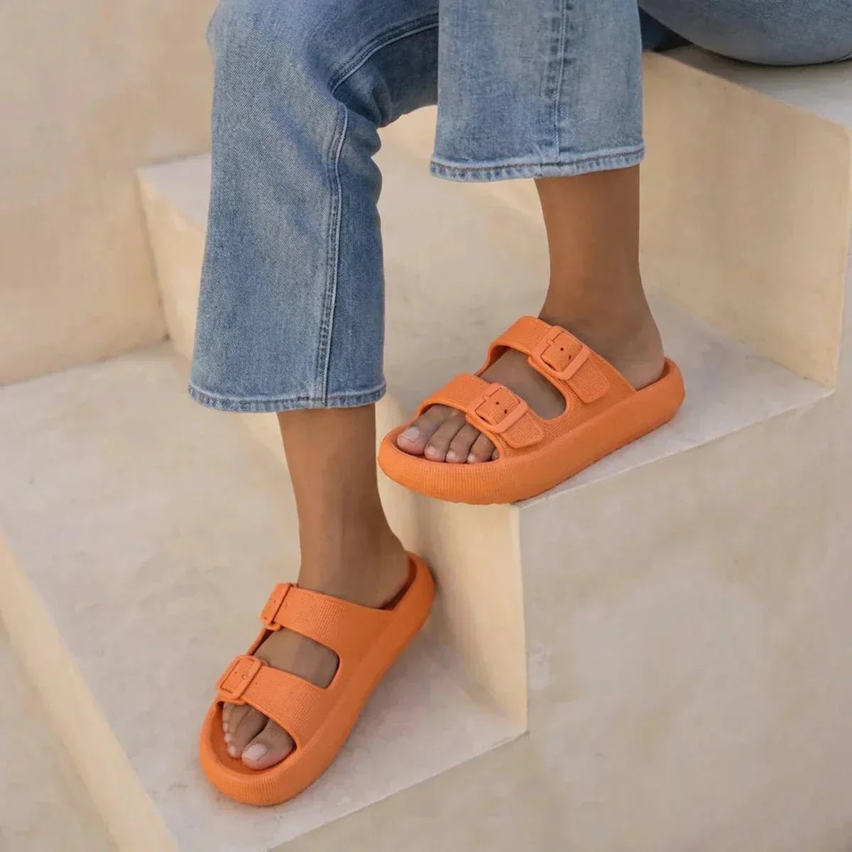 Women's Slide Sandals - Open Toe - Dual Buckle - Platform Sole