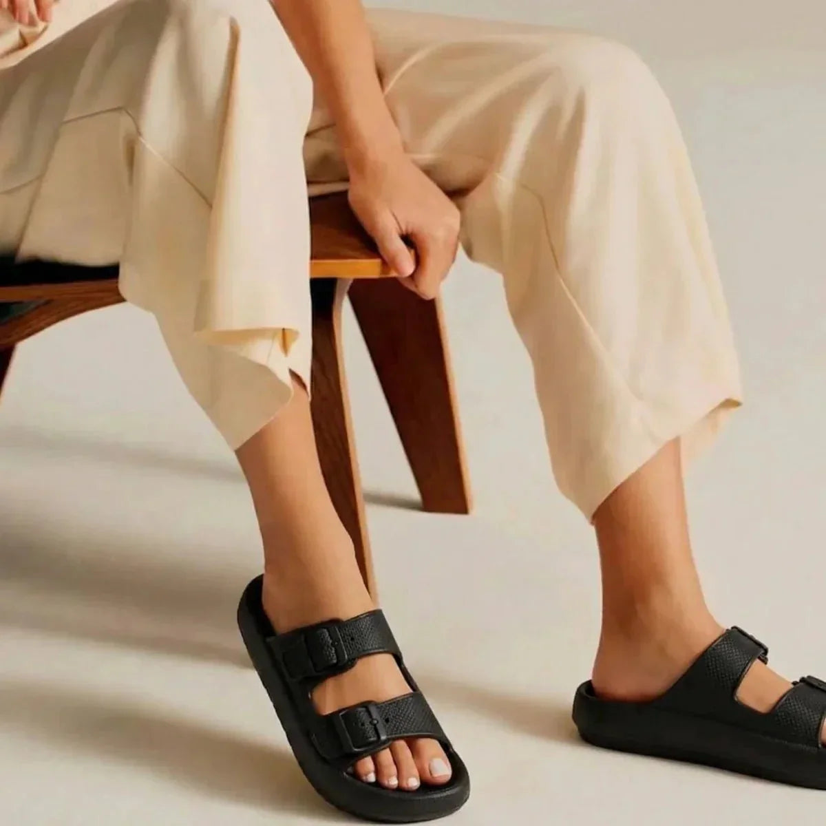 Women's Slide Sandals - Open Toe - Dual Buckle - Platform Sole