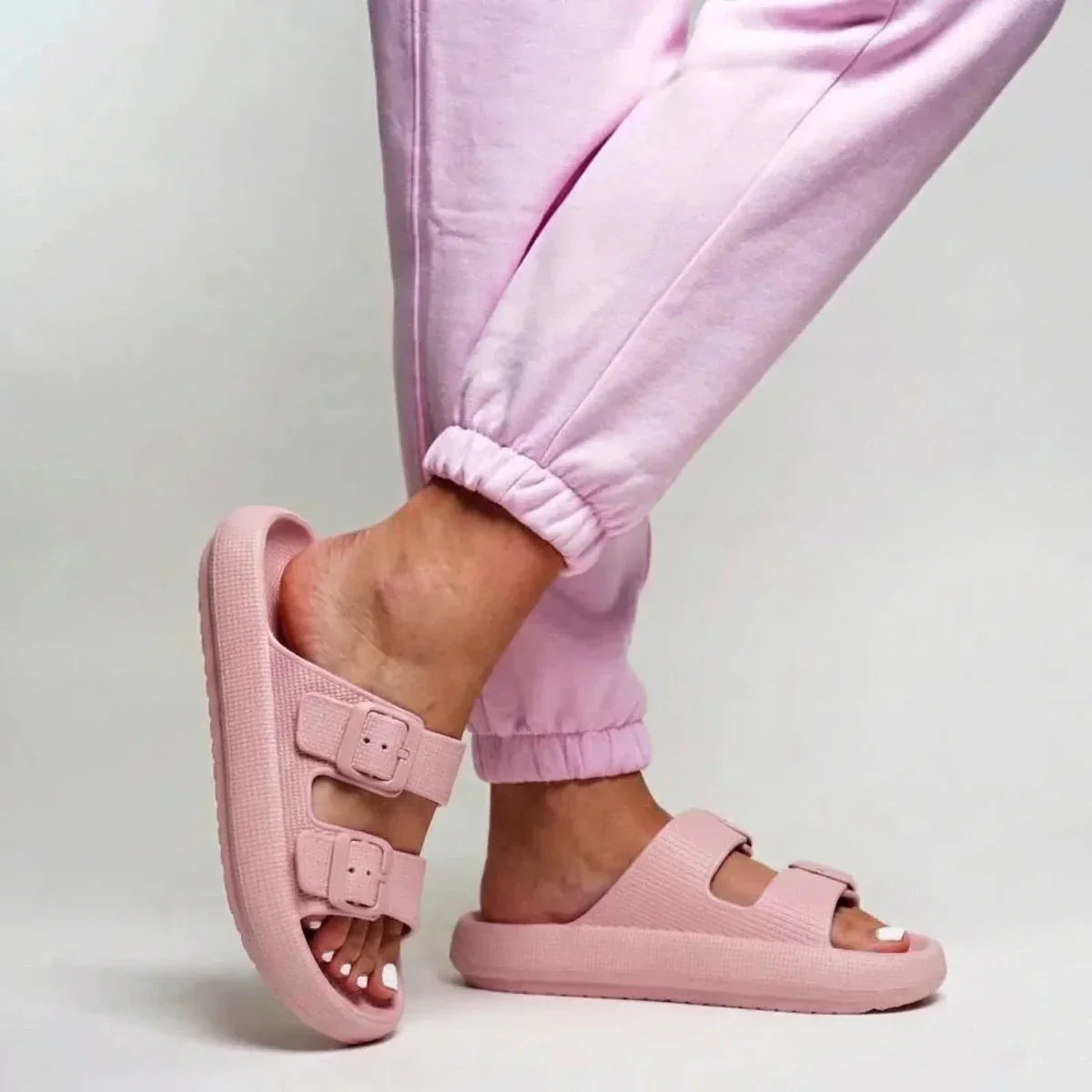Women's Slide Sandals - Open Toe - Dual Buckle - Platform Sole