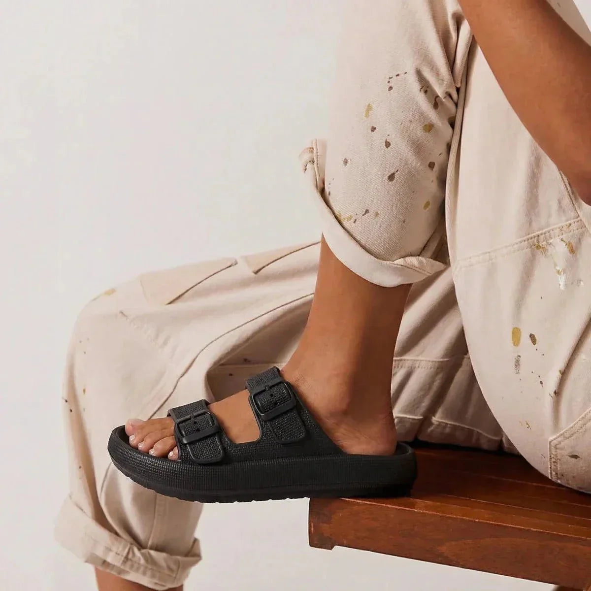 Women's Slide Sandals - Open Toe - Dual Buckle - Platform Sole
