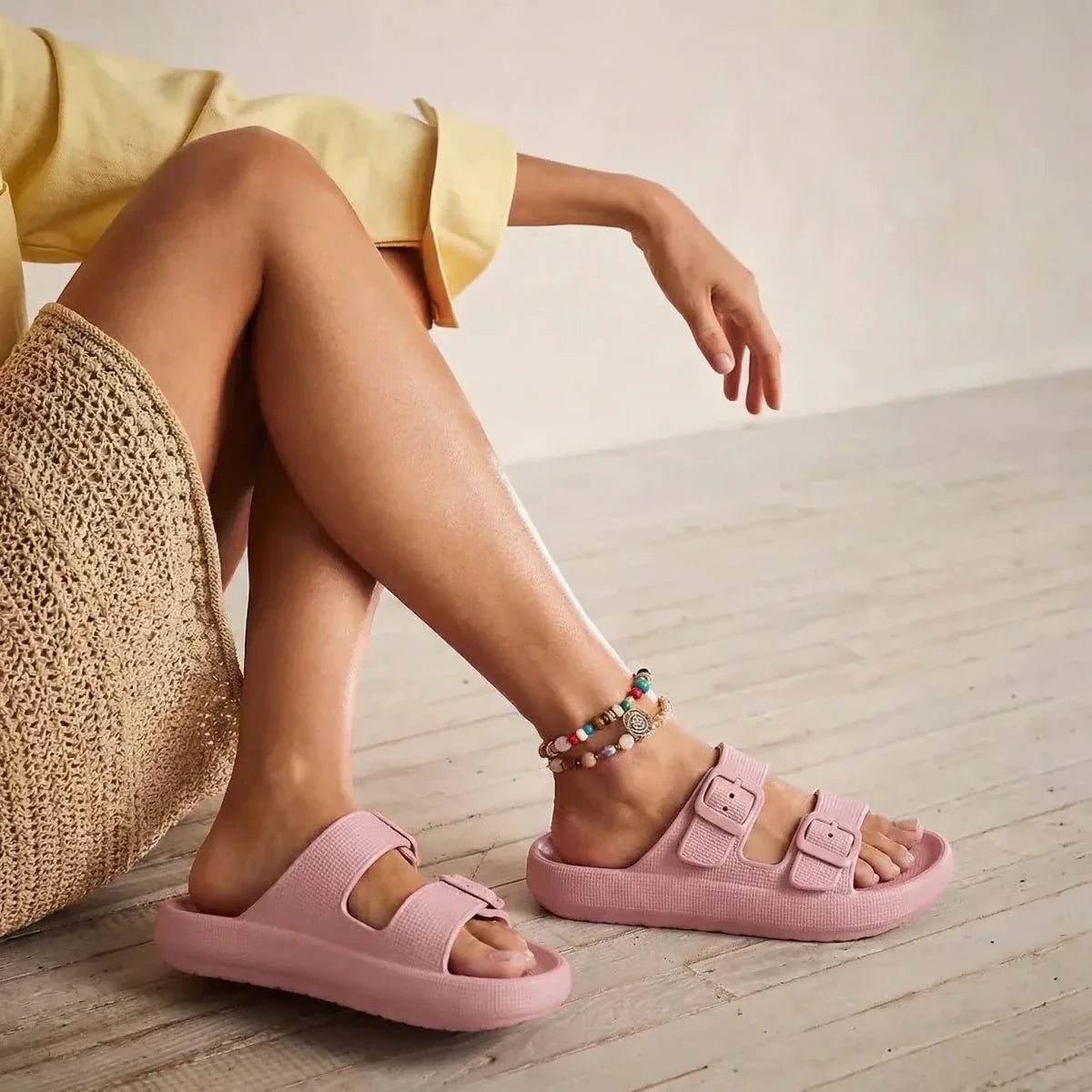 Women's Slide Sandals - Open Toe - Dual Buckle - Platform Sole