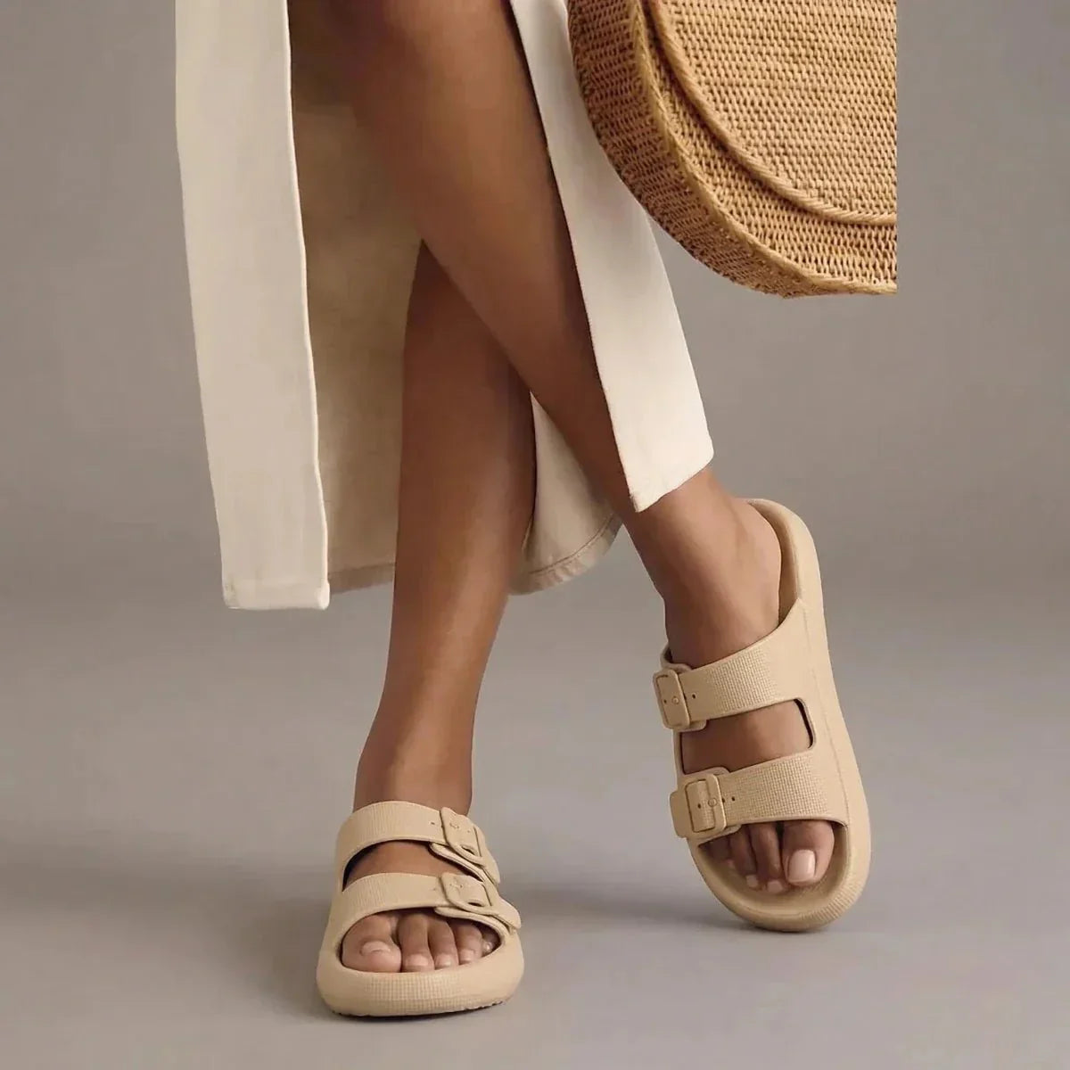 Women's Slide Sandals - Open Toe - Dual Buckle - Platform Sole