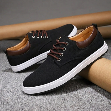 Men's Lace-Up Leather Low-Top Sneakers - Round Toe - Flat Rubber Sole