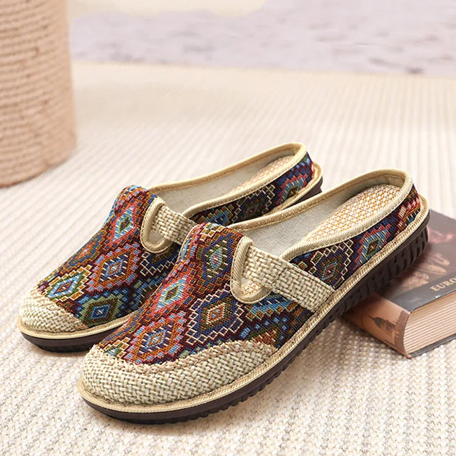 Women's Ethnic Print Closed Toe Mule Loafer - Woven Trim Open Back Flats