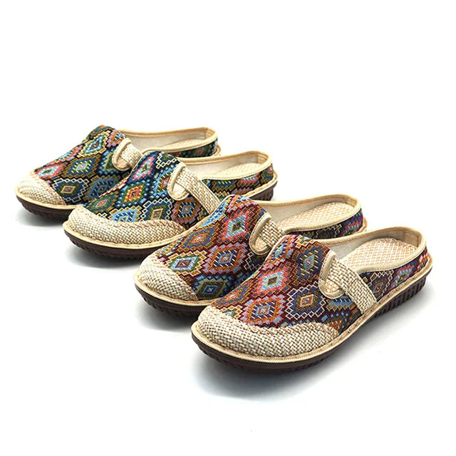 Women's Ethnic Print Closed Toe Mule Loafer - Woven Trim Open Back Flats