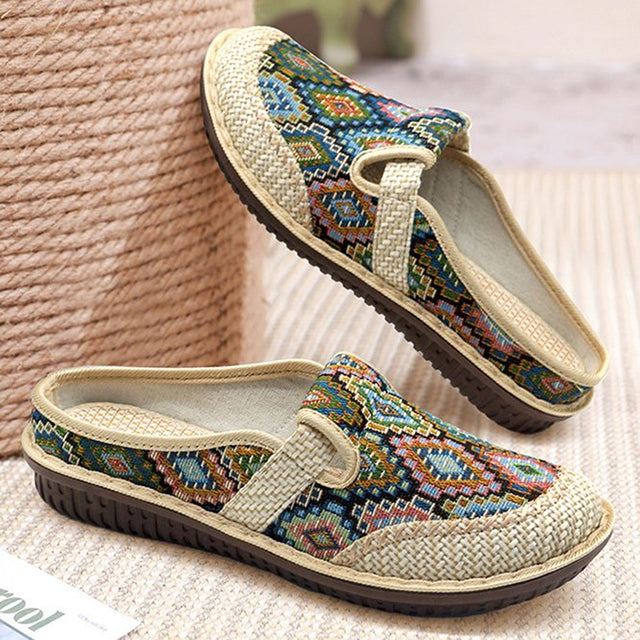 Women's Ethnic Print Closed Toe Mule Loafer - Woven Trim Open Back Flats