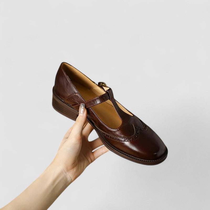 Women's Brogue Mary Jane T-Strap Low Block Heel Buckle Shoes