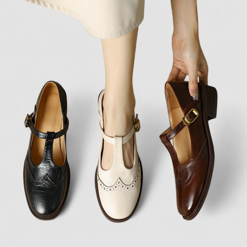 Women's Brogue Mary Jane T-Strap Low Block Heel Buckle Shoes