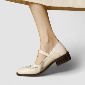 Women's Brogue Mary Jane T-Strap Low Block Heel Buckle Shoes
