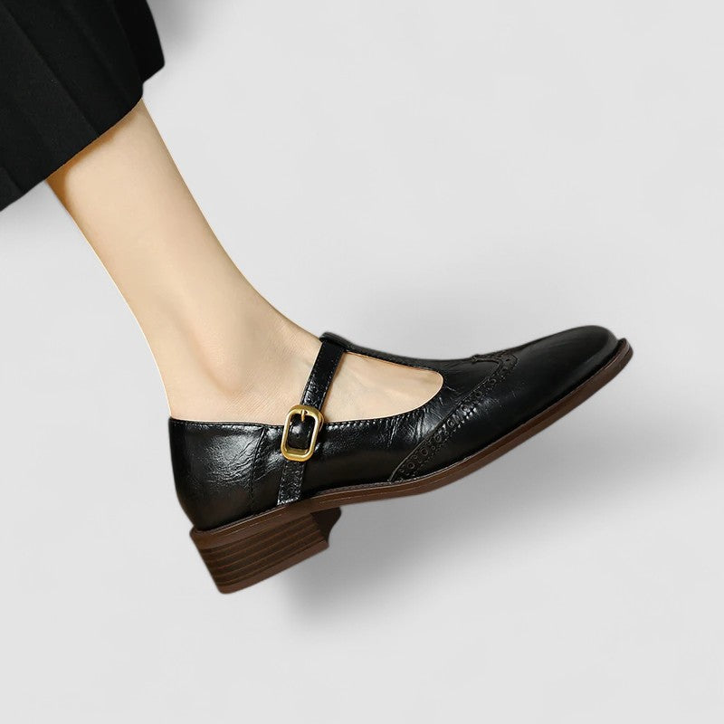Women's Brogue Mary Jane T-Strap Low Block Heel Buckle Shoes