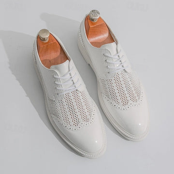 Men's Brogue Oxford Shoes – Lace-Up Round Toe with Mesh Panel Upper and Low Heel