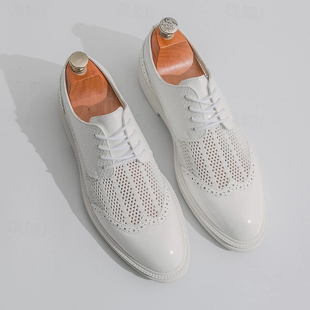 Men's Brogue Oxford Shoes – Lace-Up Round Toe with Mesh Panel Upper and Low Heel