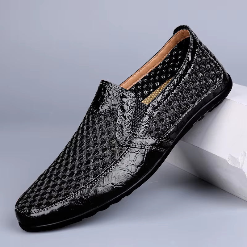 Men’s Round Toe Mesh Faux Leather Loafers with Breathable Perforated Upper